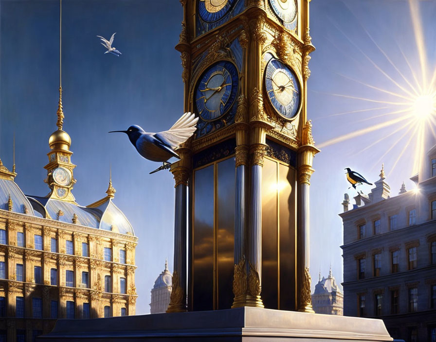 Golden clock tower with birds near classic architecture and sun