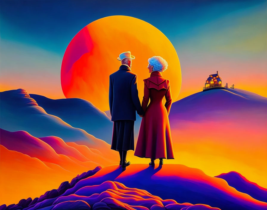 Elderly couple holding hands under vivid sunset with rolling hills and distant house