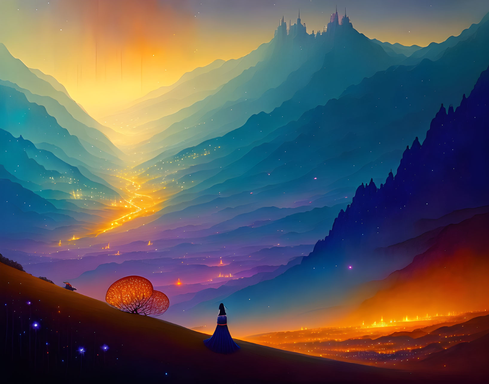 Mystical landscape digital artwork with figure at twilight