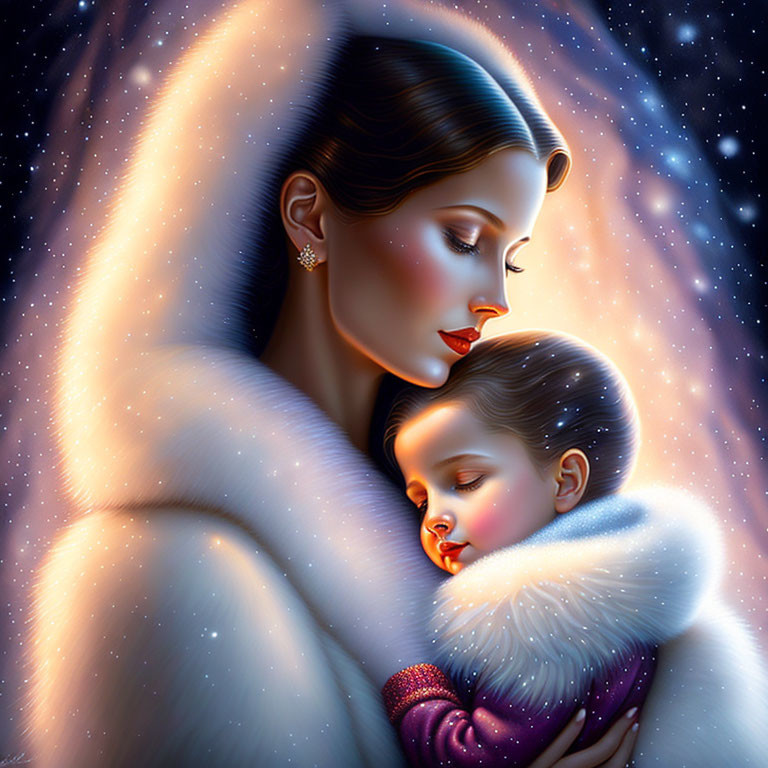Mother embracing sleeping child in white fur under starry night.