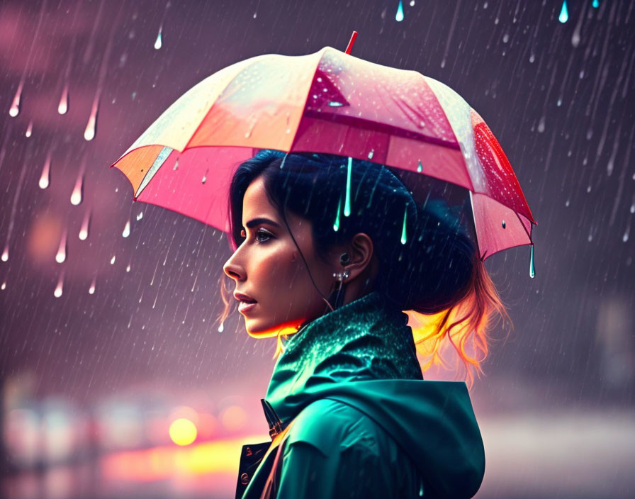 Woman with Colorful Umbrella in Rainy Evening Cityscape