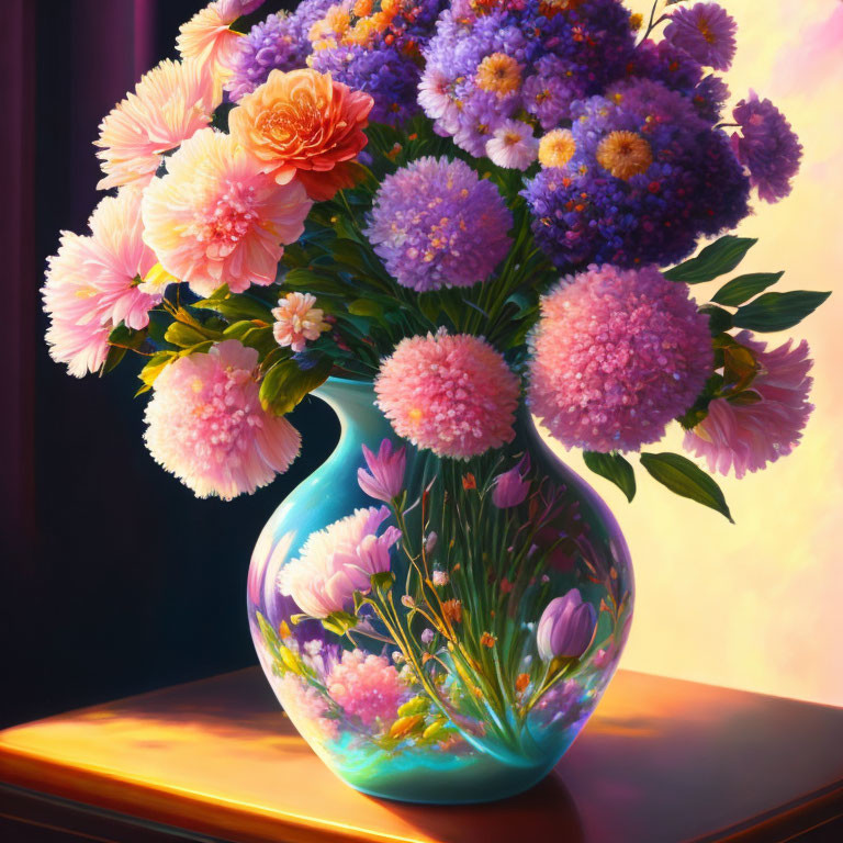 Colorful Flower Bouquet in Teal Vase on Wooden Table