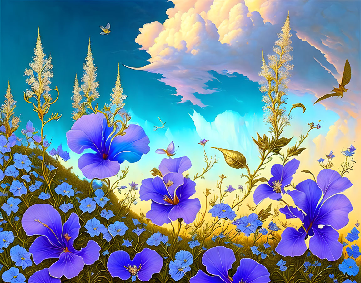 Colorful Flowers and Butterflies Against Sky and Clouds