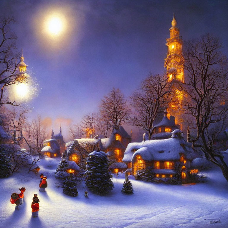 Snowy village at night: warmly lit houses, illuminated spire, people under full moon