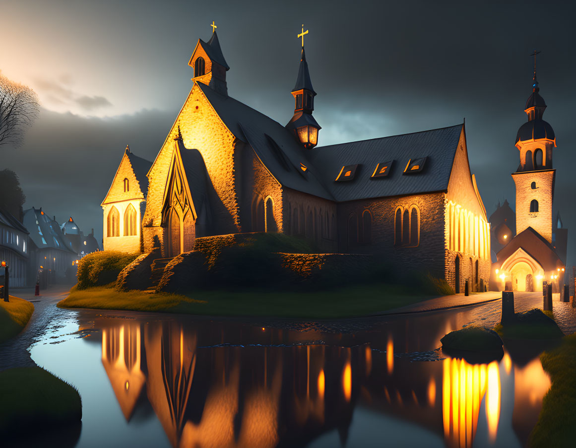 Medieval church illuminated at dusk with glowing windows reflected in water