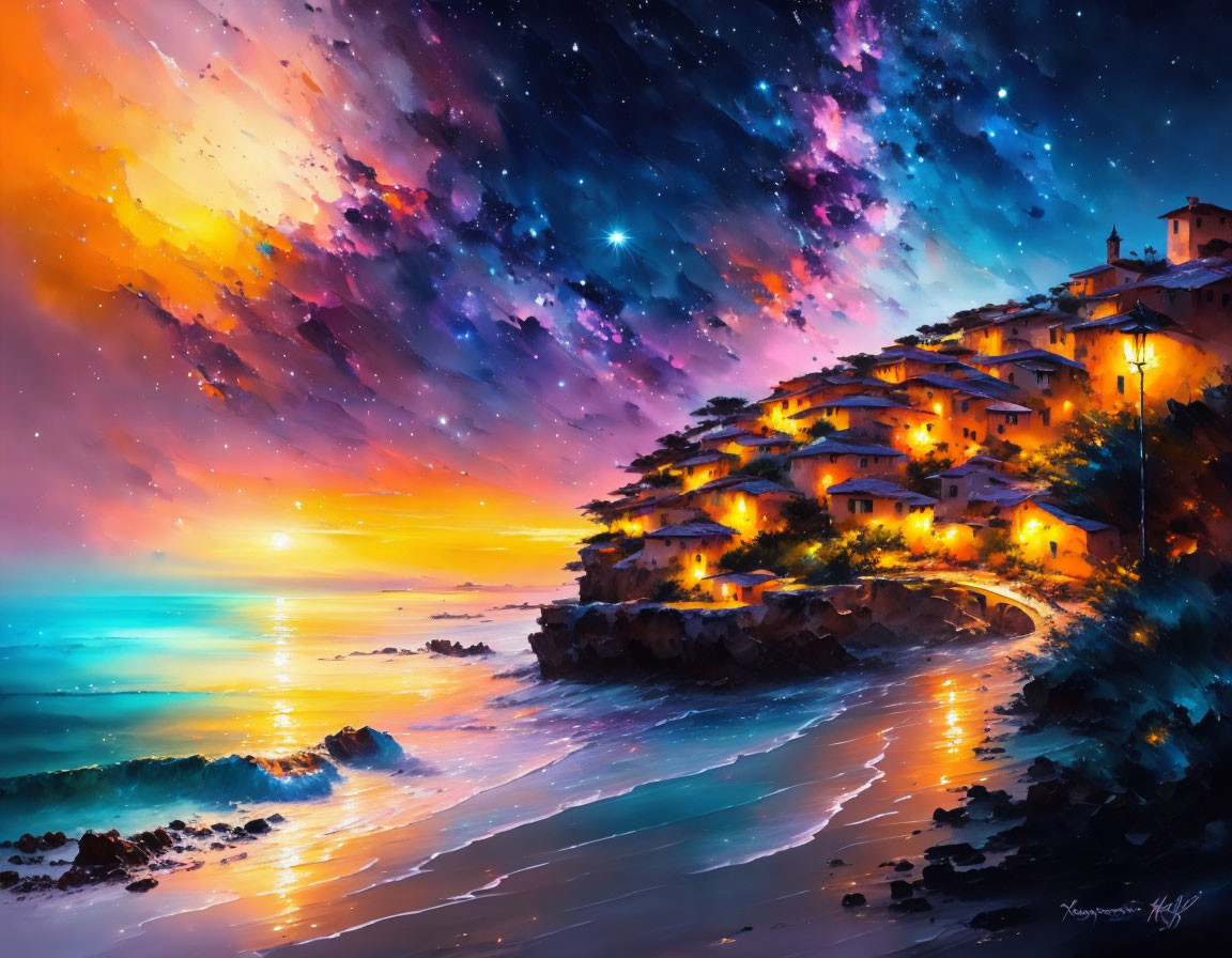 Colorful coastal village sunset painting with starry sky and serene seas
