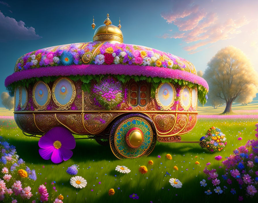 Flower-adorned caravan in lush meadow with golden ornaments