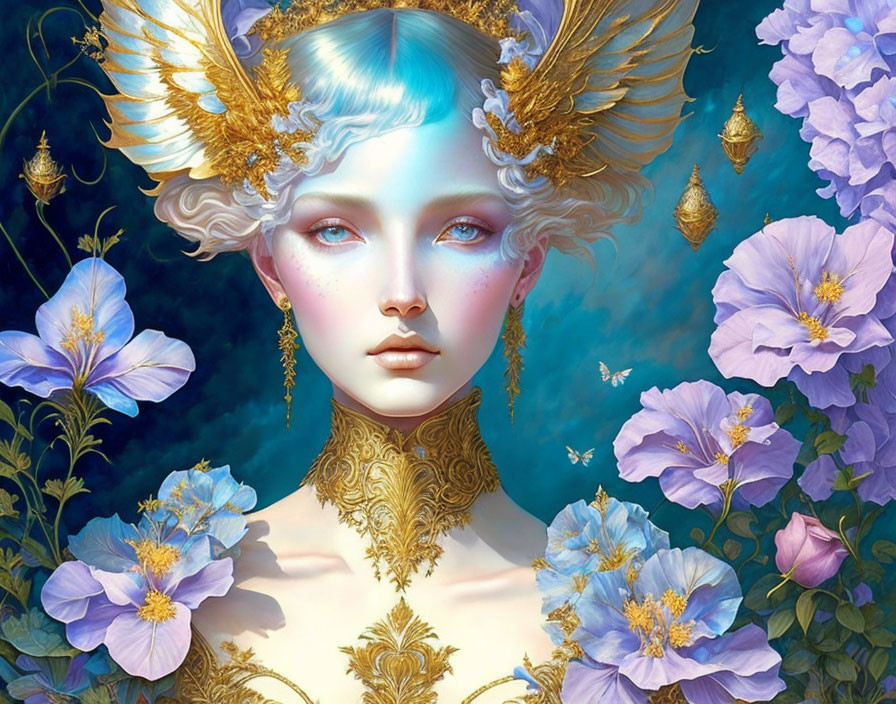 Fantasy portrait of woman with golden headwear and purple flowers