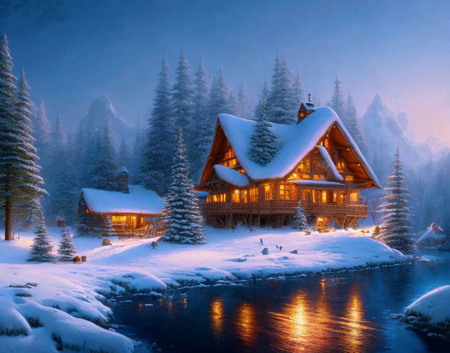 Snow-covered cabin by river with pine trees and mountains at twilight