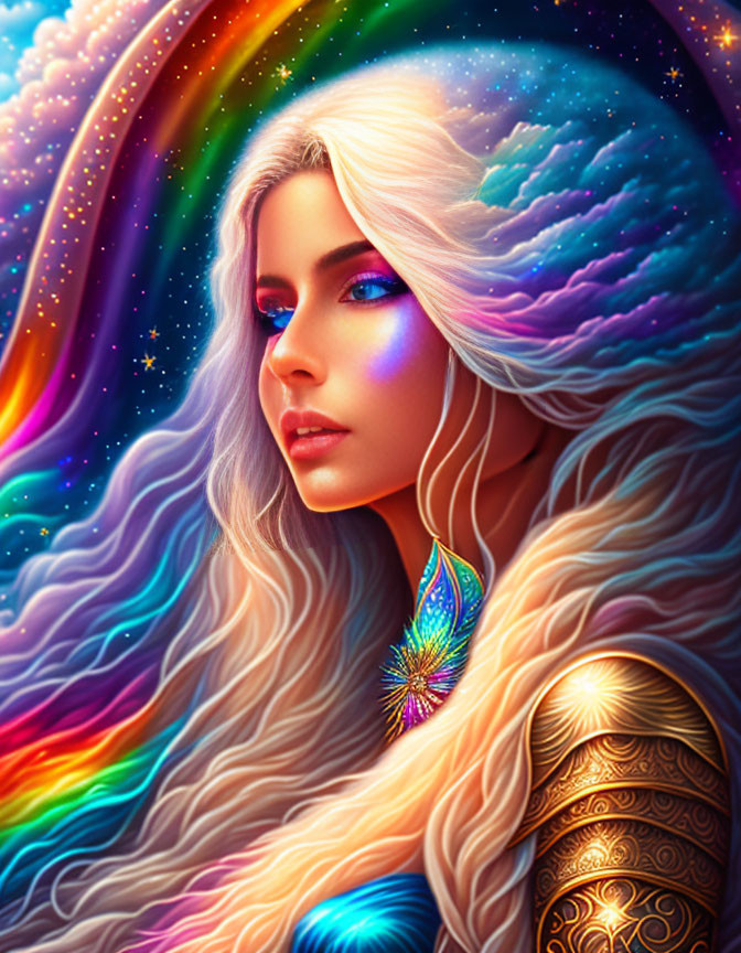 Vibrant cosmic digital artwork of a woman with flowing hair and detailed feathered shoulder piece against star
