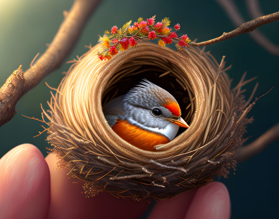Detailed Illustration: Small Bird with Vibrant Plumage in Nest Held by Fingers Amid Blossoming