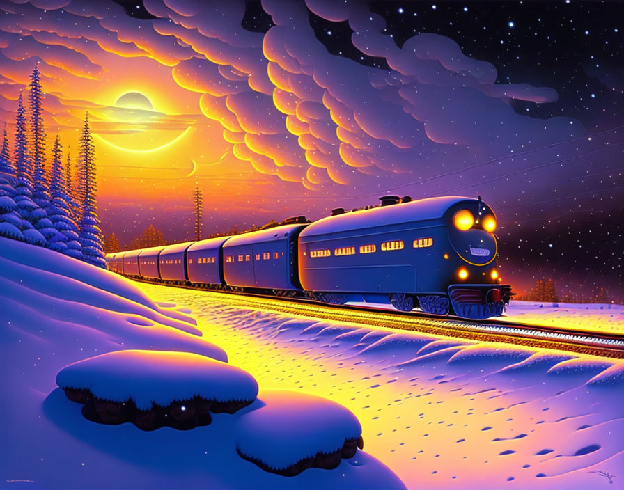 Vintage Train Night Scene: Snowy Landscape, Starry Sky, Crescent Moon