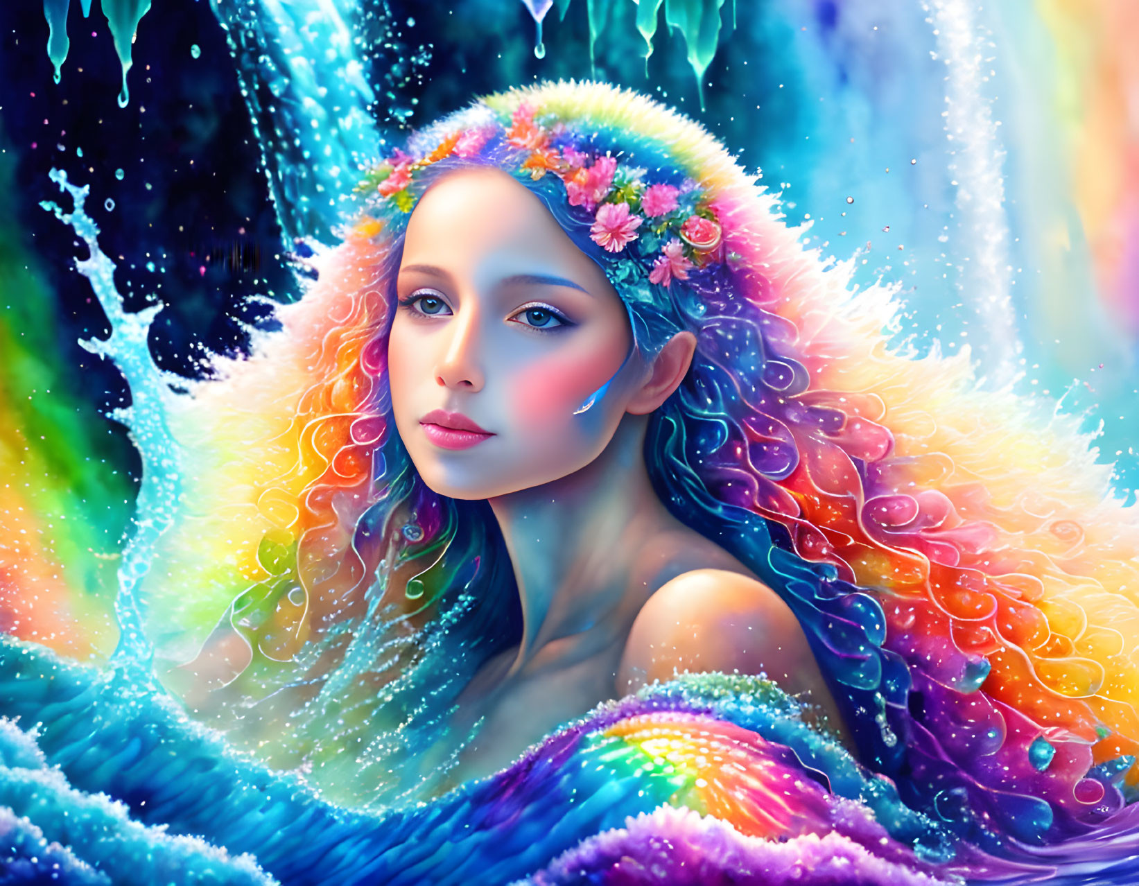 Vibrant digital painting of woman with curly hair and floral adornments