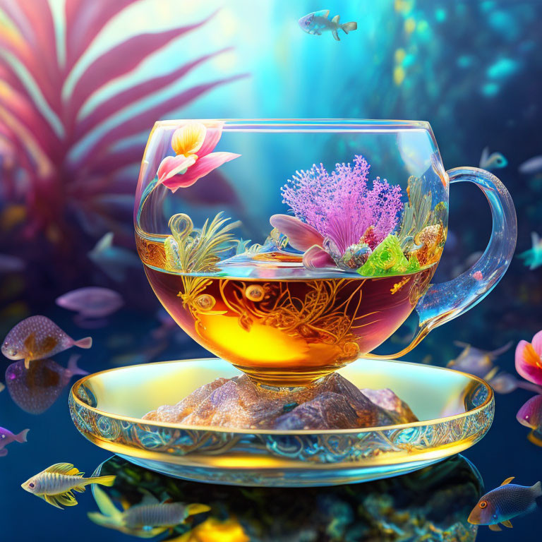 Colorful Underwater Scene in Transparent Teacup with Coral and Fish