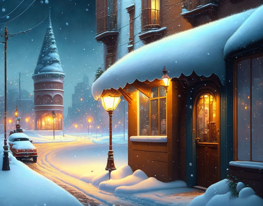 Snowy Evening Scene: Cozy Town with Streetlamp, Snow-Covered Cars, and Christmas
