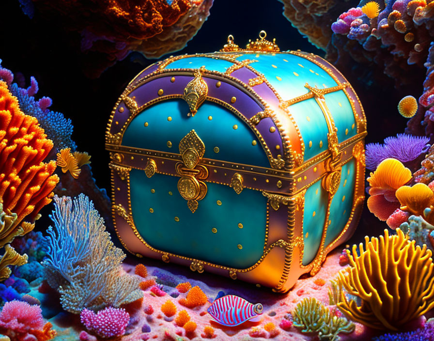Ornate treasure chest with gold trimmings in colorful coral reef with striped fish