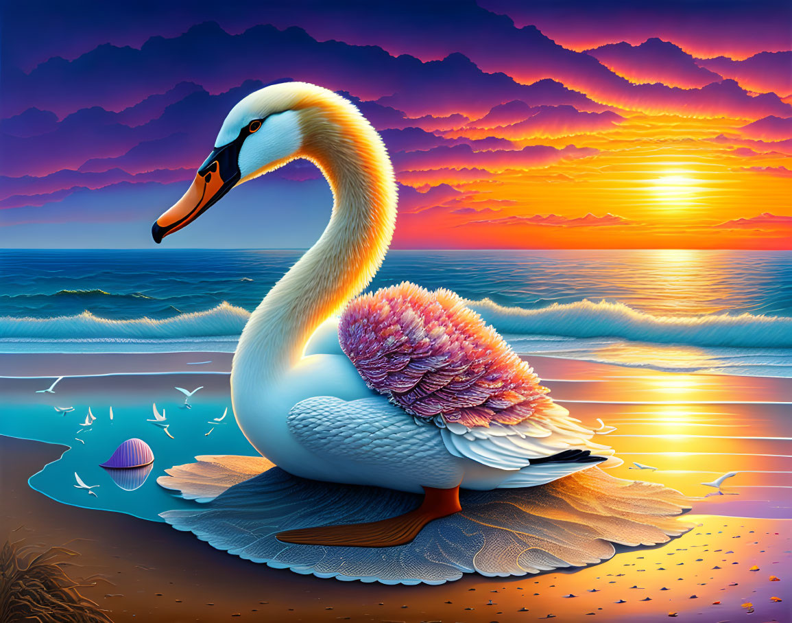Colorful Swan Resting by Serene Beach at Sunset