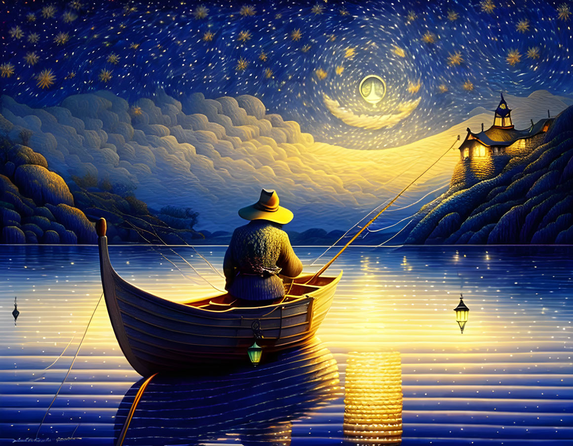 Tranquil night fishing scene on a starlit lake