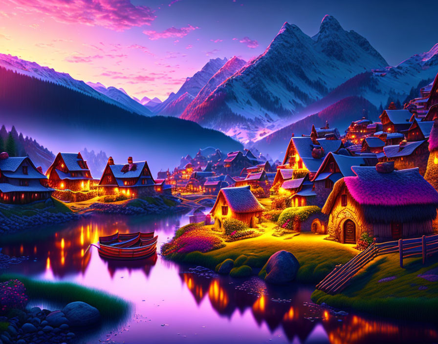 Tranquil village at twilight with glowing houses, river, mountains, and colorful sky