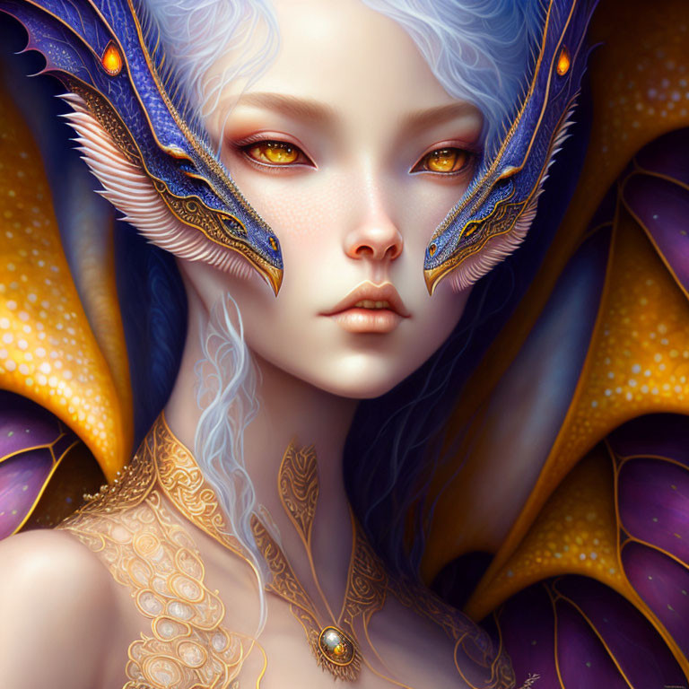 Fantasy portrait of female figure with dragon features and golden eyes surrounded by violet petals and ornate jewelry