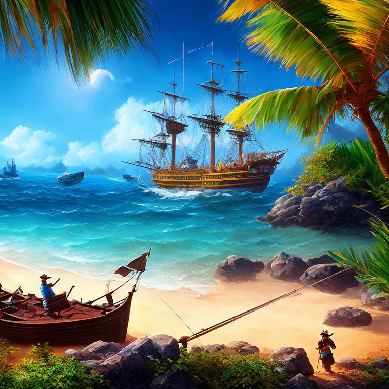 Tropical Cove Scene with Galleon, Pirates, and Palm Trees