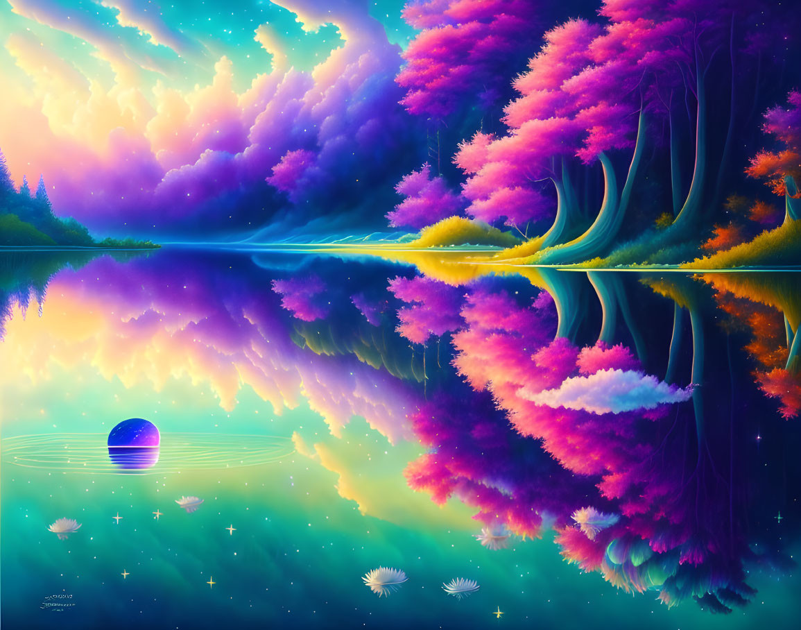 Surreal landscape with pink and purple trees and blue lake