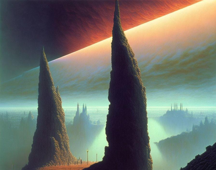 Surreal landscape with towering spires and ringed planet in sky