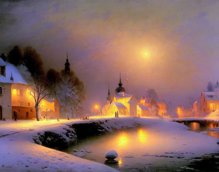 Snow-covered winter night scene with houses, church, and river reflections.