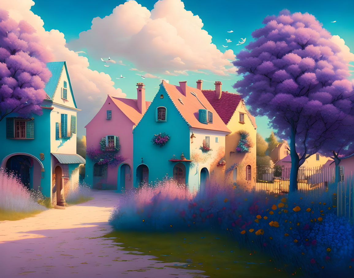 Colorful Pastel Village with Purple Trees & Fluffy Clouds