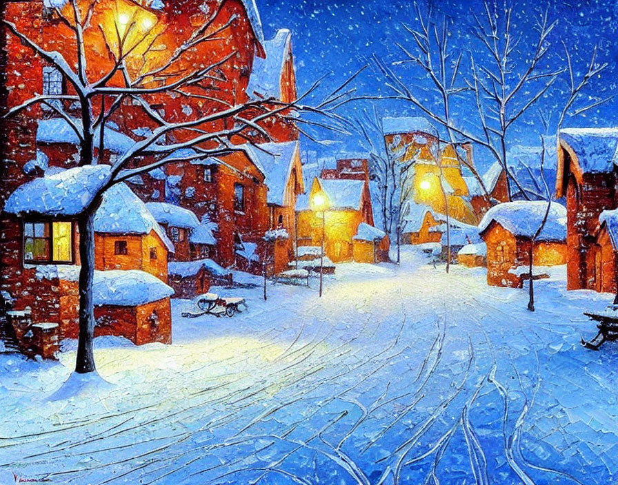 Snowy Evening Scene: Quaint Village with Glowing Lamps