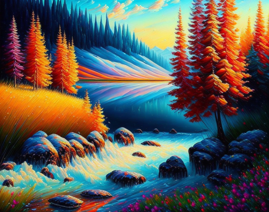 Colorful Autumn Stream Painting with Stepping Stones and Mountain Backdrop
