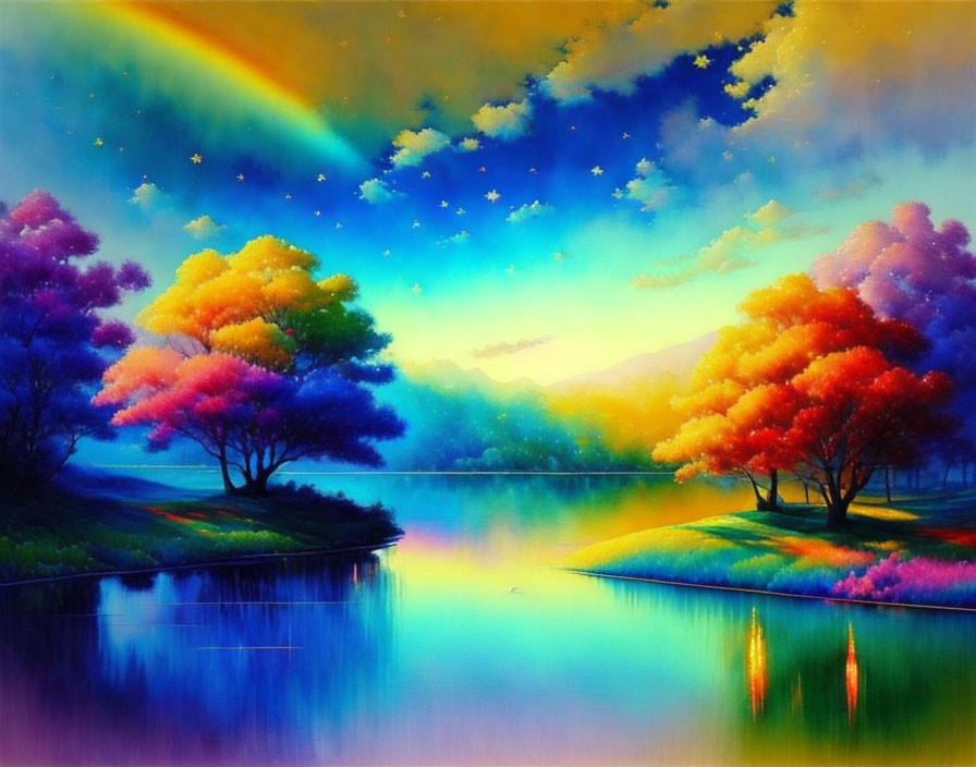 Colorful landscape with rainbow, starry sky, lake, and mountains
