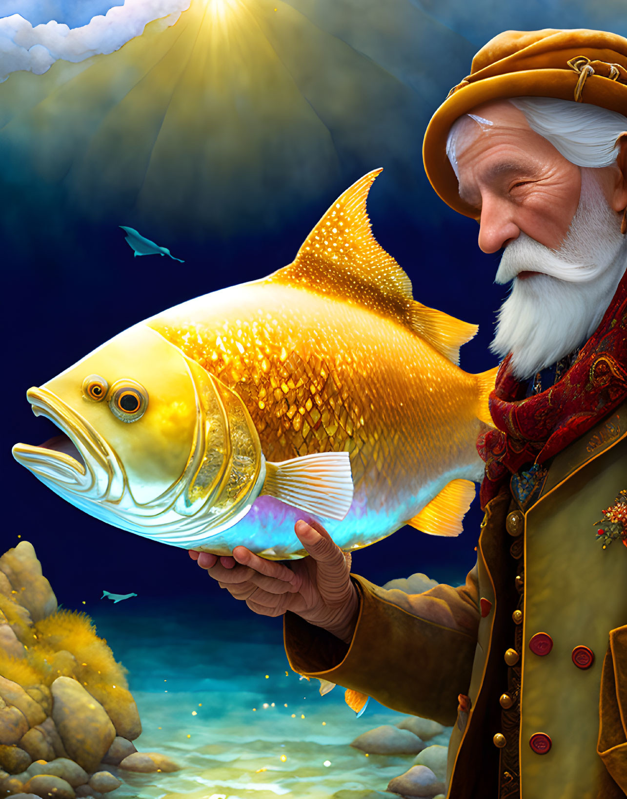 Elder fisherman in beret with large golden fish underwater