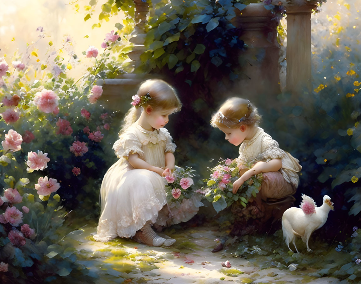 Young girls with white chicken in sunlit garden full of flowers