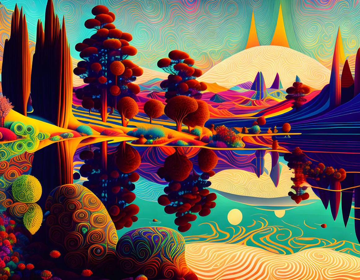 Colorful Psychedelic Landscape with Stylized Trees and Reflective Water