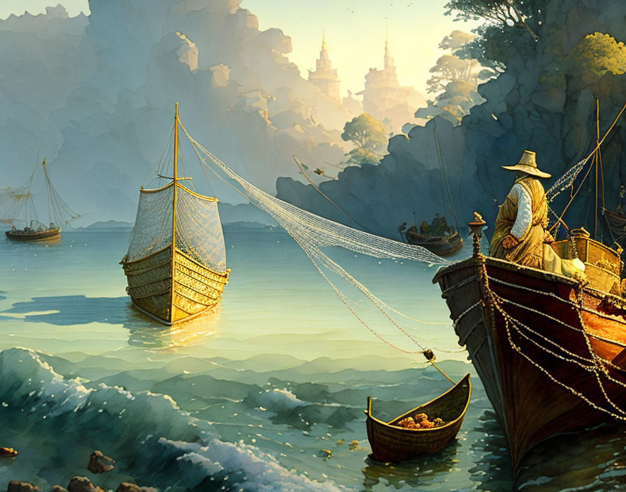 Tranquil harbor scene with fisherman, sailing vessels, cliffs, and castle