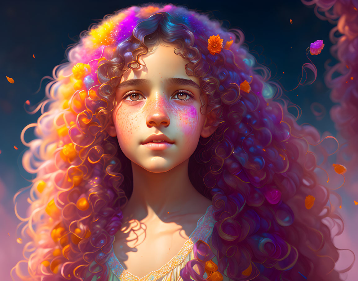 Curly Rainbow Hair Girl with Freckles and Flowers under Glowing Light