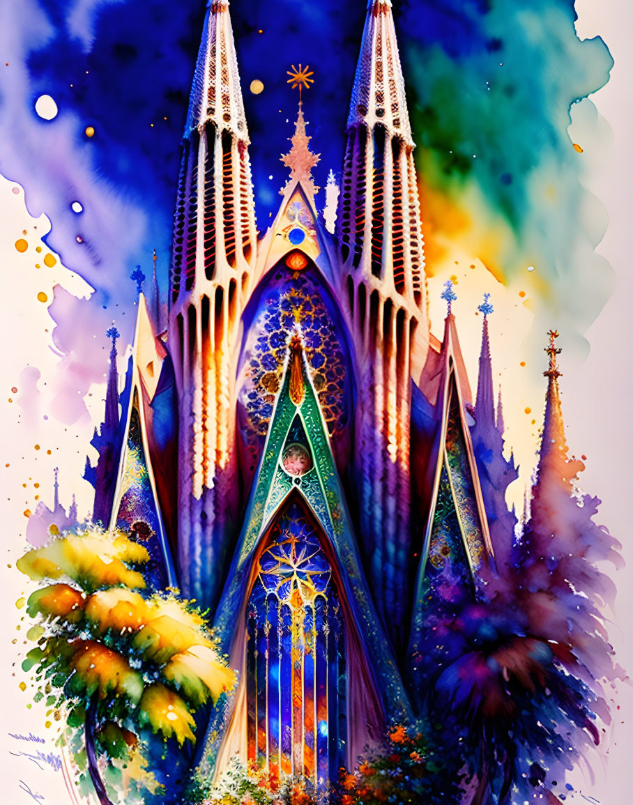 Colorful Watercolor Illustration of Gothic Cathedral Against Cosmic Background