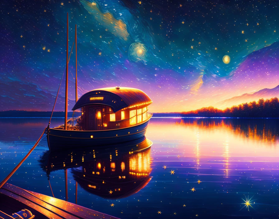 Illustration: Houseboat on Tranquil Lake at Night