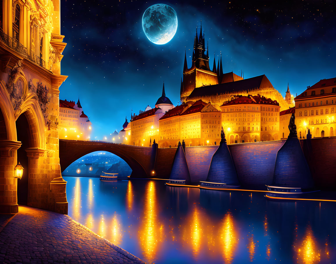 Prague Night Scene: Charles Bridge, Castle, Vltava River