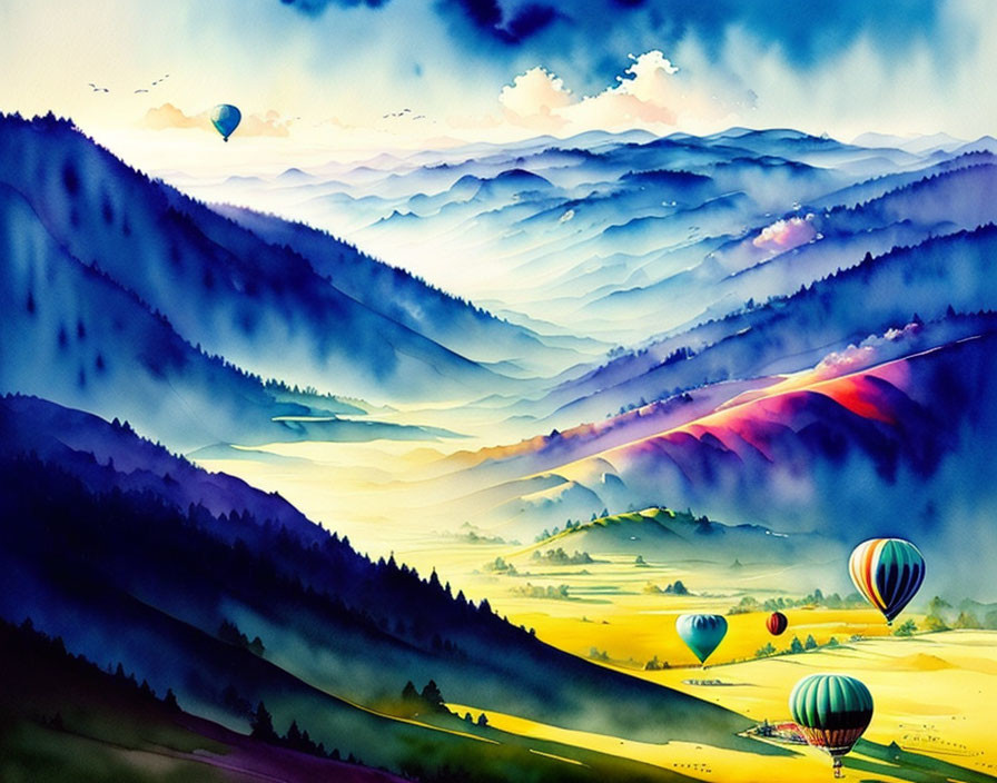 Colorful Watercolor Landscape: Rolling Hills, Mountain Ranges, Sunrise, Hot Air Balloons