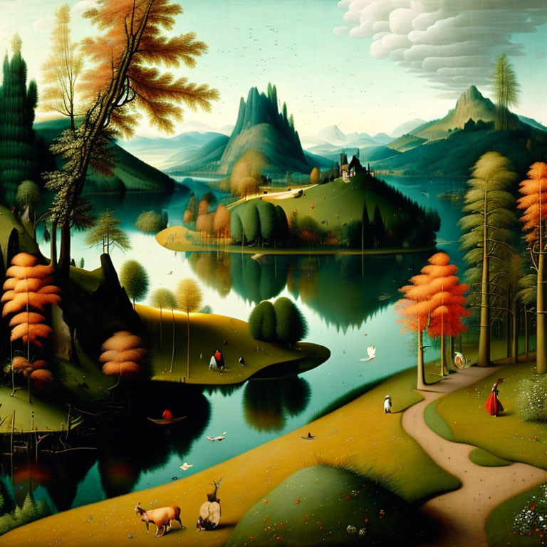 Vibrant landscape painting with rolling hills, lakes, trees, wildlife, and mountains.
