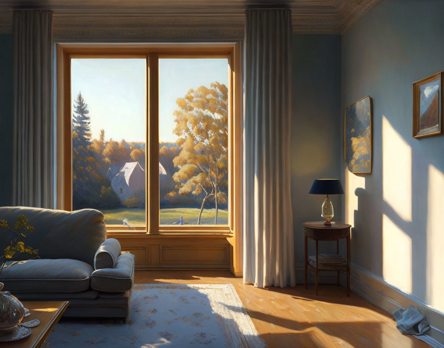 Elegant room with sofa, table, lamp, and paintings in warm sunlight.