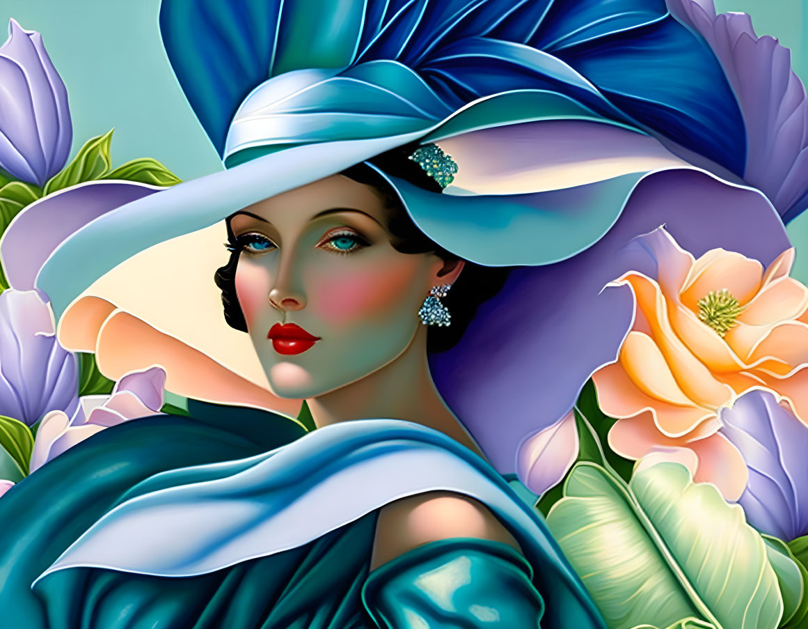 Illustration of elegant woman in wide-brimmed blue hat with jewelry, surrounded by large flowers