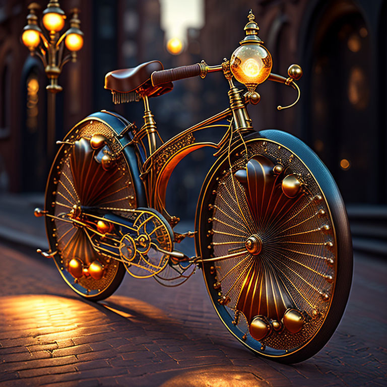 Steampunk-style bicycle with intricate gears on cobblestone street at dusk