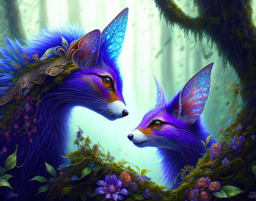 Vibrant blue mythical foxes in enchanted forest with intricate ear patterns