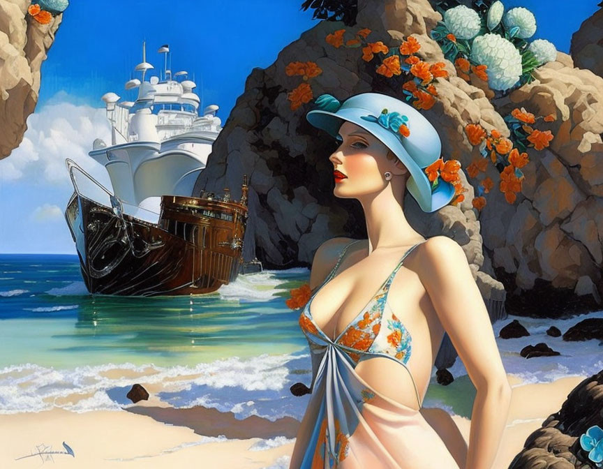 Stylized painting of woman in vintage swimsuit by the sea