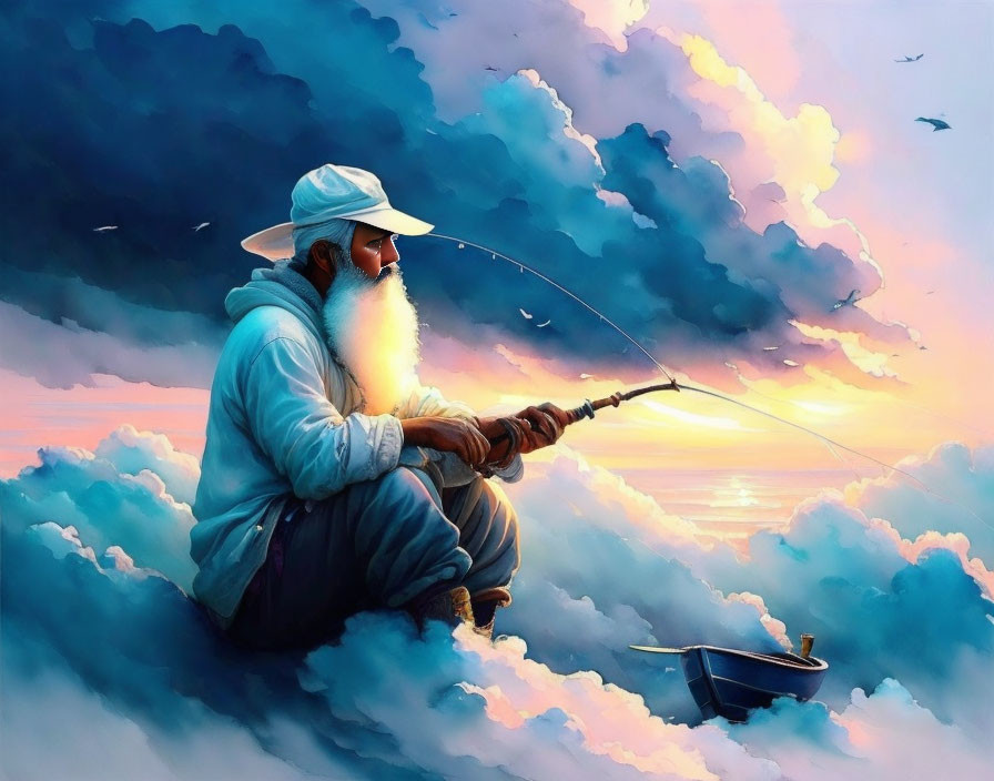 Bearded man fishing from cloud with surreal sunset sky and small boat