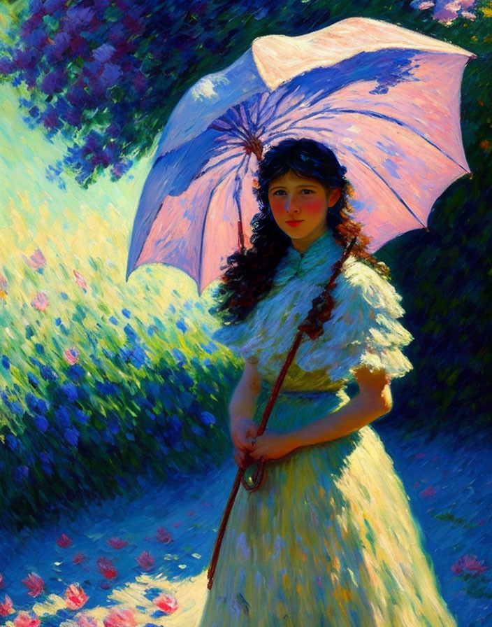 Woman with Pink Parasol in Impressionist Painting among Vibrant Flowers