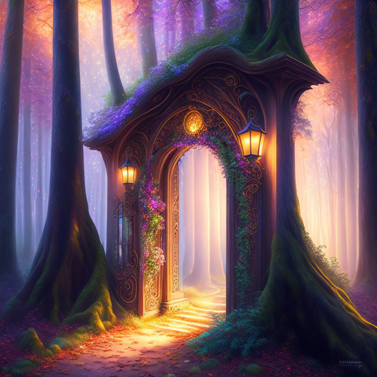 Enchanting forest scene with mystical doorway, glowing lanterns, and floral vines at twilight